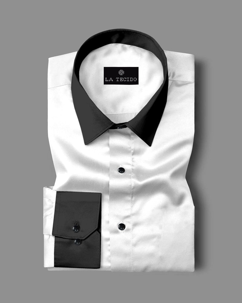 Stylish White & Black Full Sleeve Shirt for Men in Giza Satin Cotton