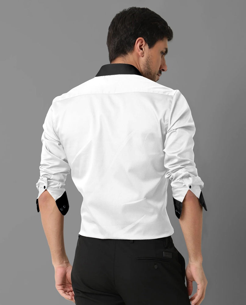 Stylish White & Black Full Sleeve Shirt for Men in Giza Satin Cotton