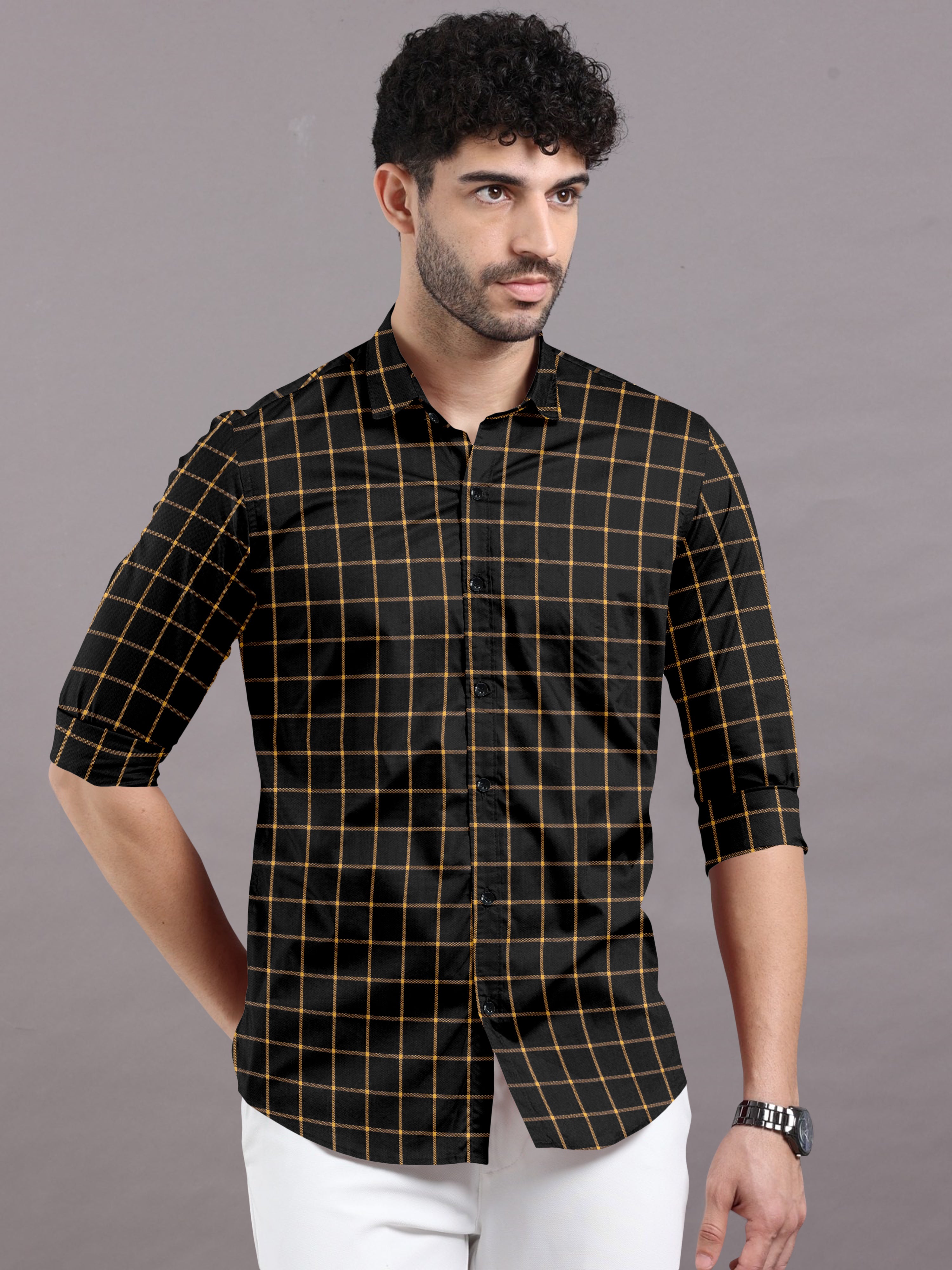 Premium Black Cotton Shirt with Bold Yellow Checks