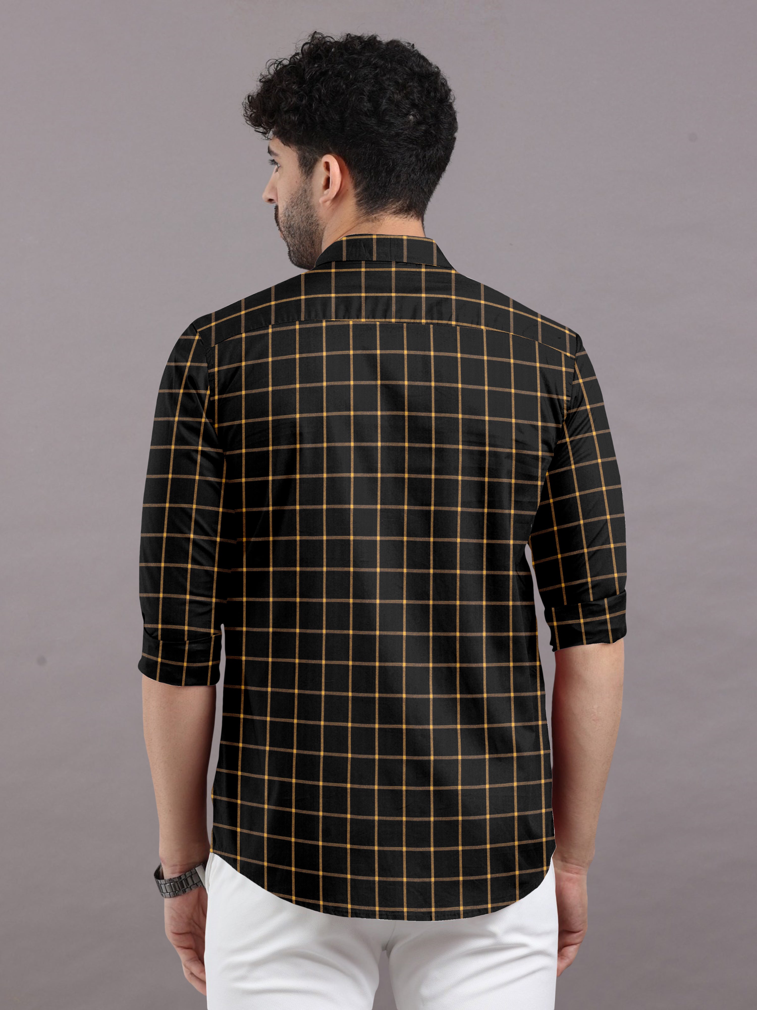 Premium Black Cotton Shirt with Bold Yellow Checks