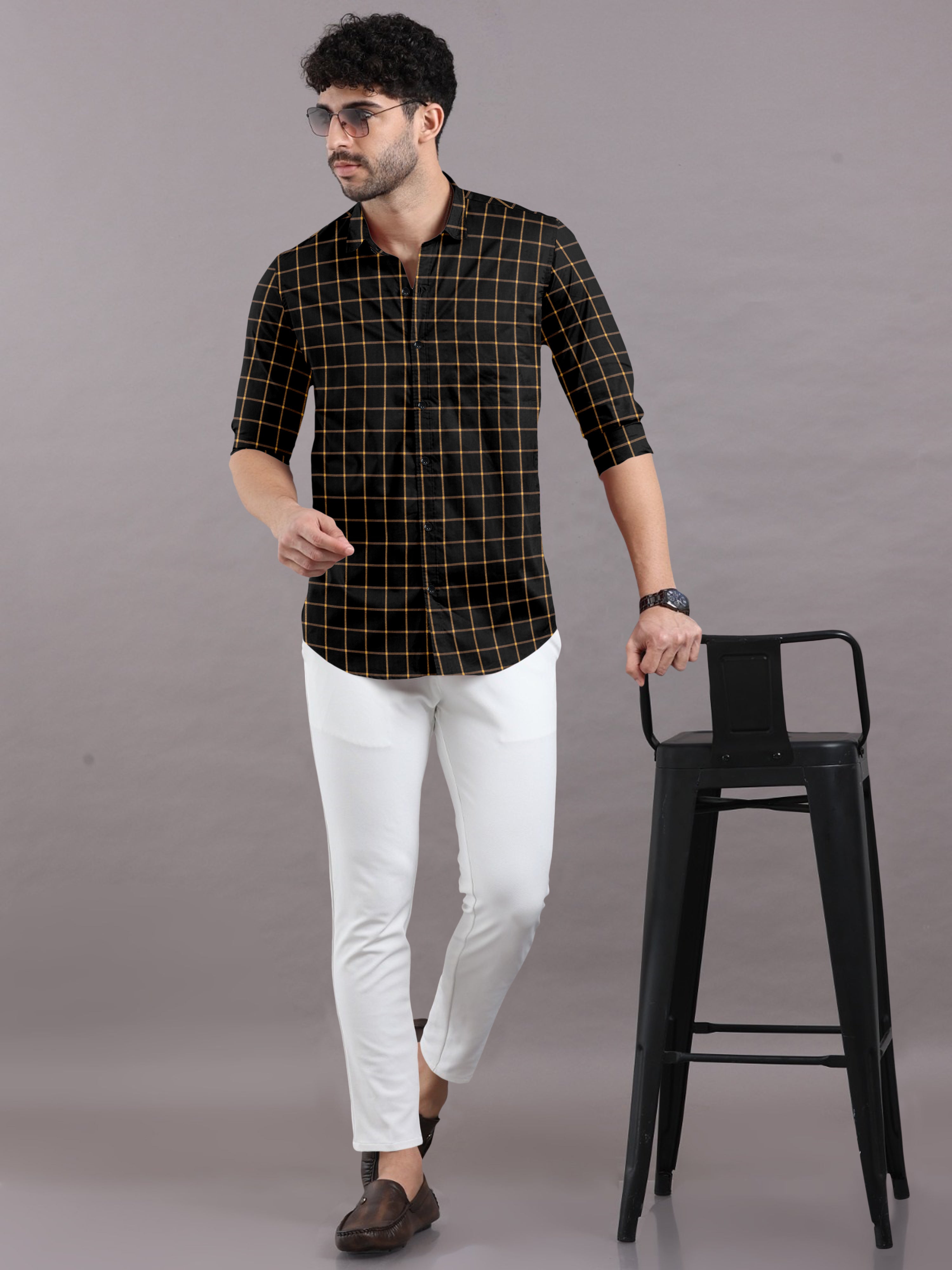 Premium Black Cotton Shirt with Bold Yellow Checks