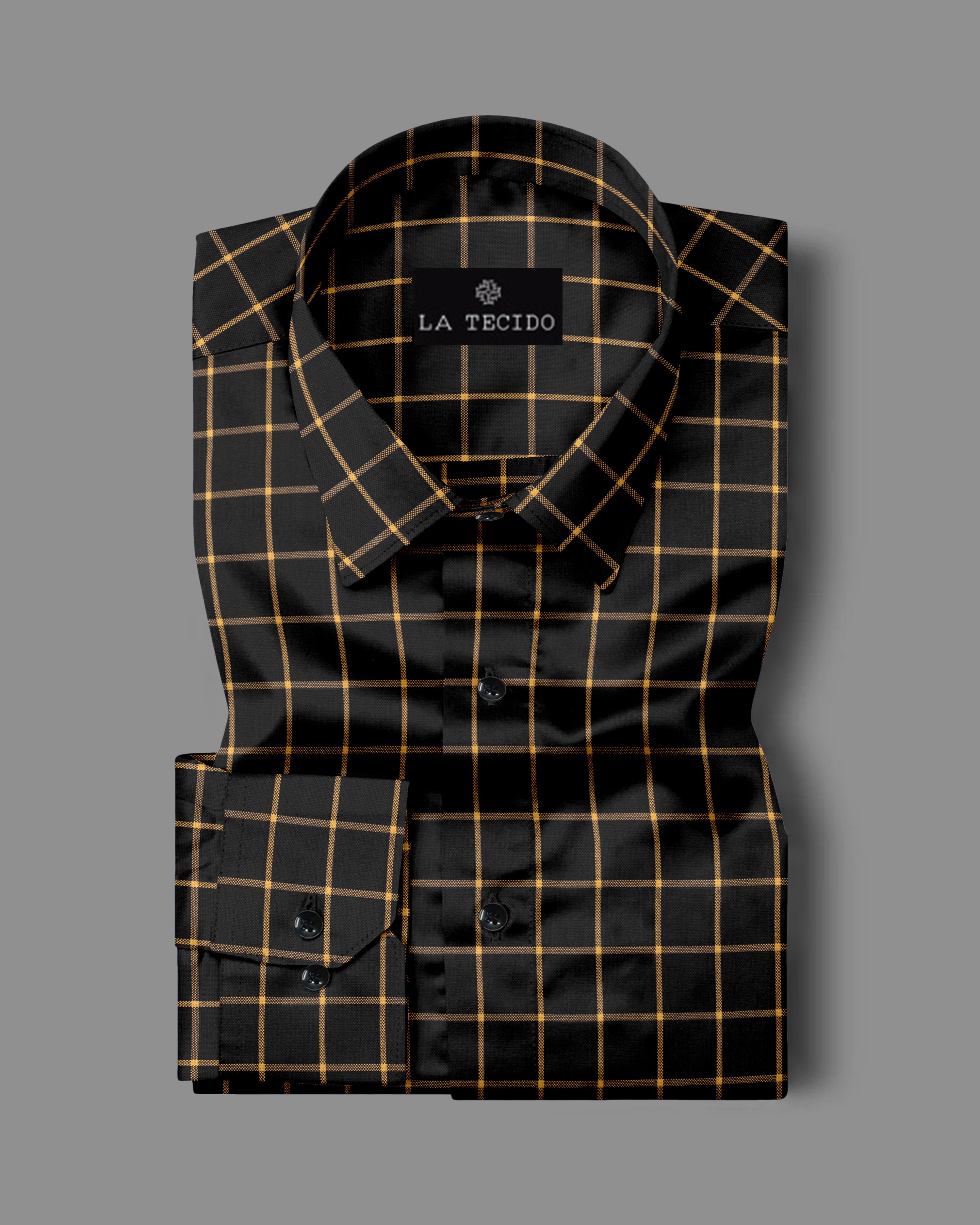 Premium Black Cotton Shirt with Bold Yellow Checks