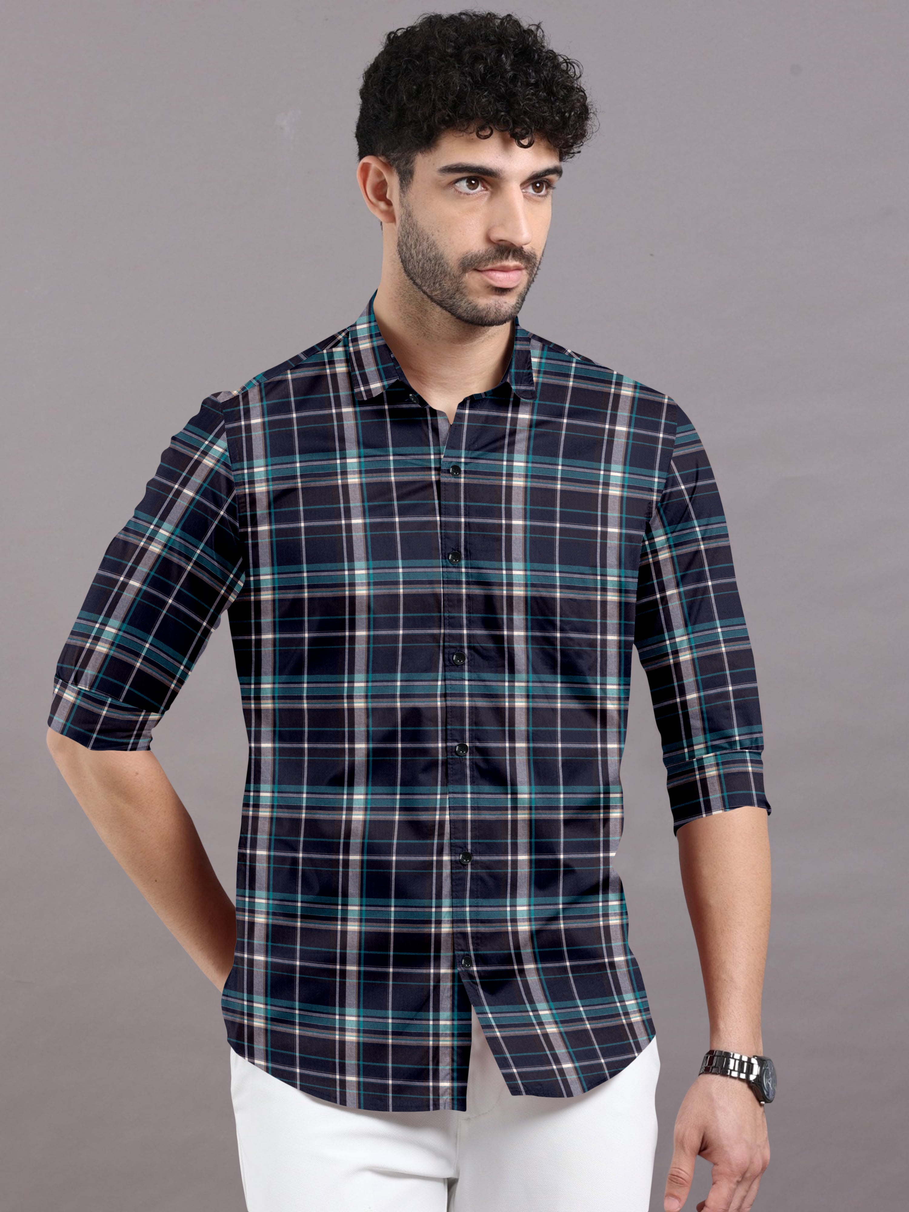 Blue Grid Pattern Cotton Shirts - Timeless White Checks