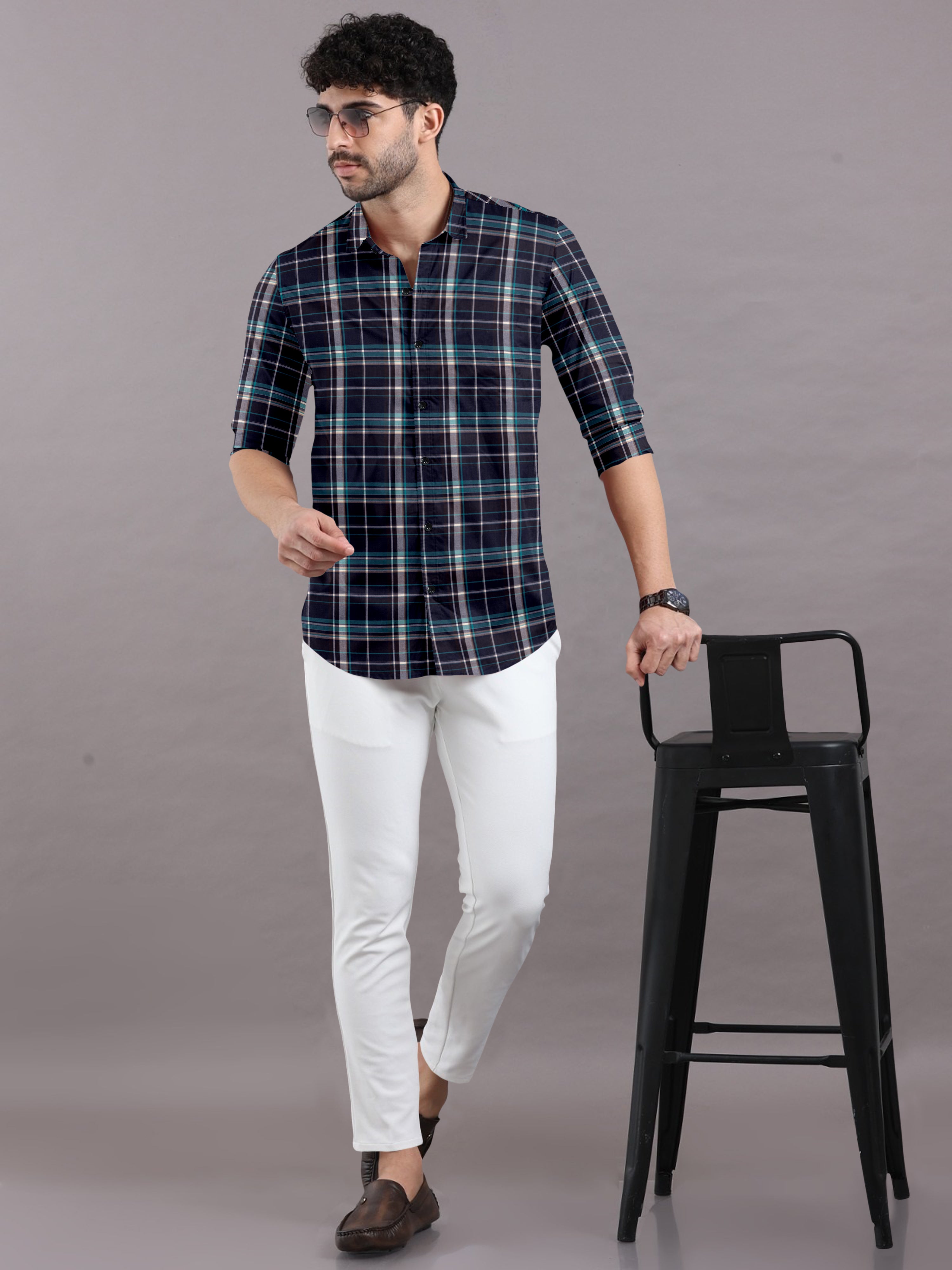 Blue Grid Pattern Cotton Shirts - Timeless White Checks