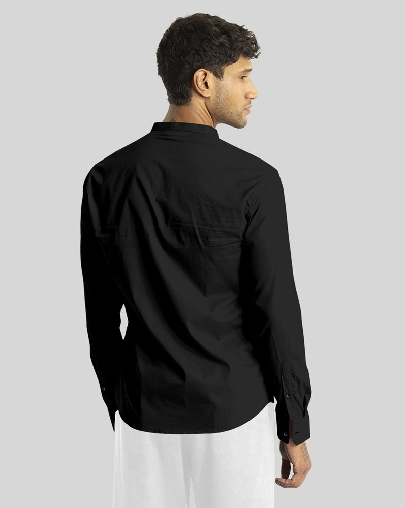 Black Giza Satin Cotton Full Sleeve and Chinese Collar Shirt For Men