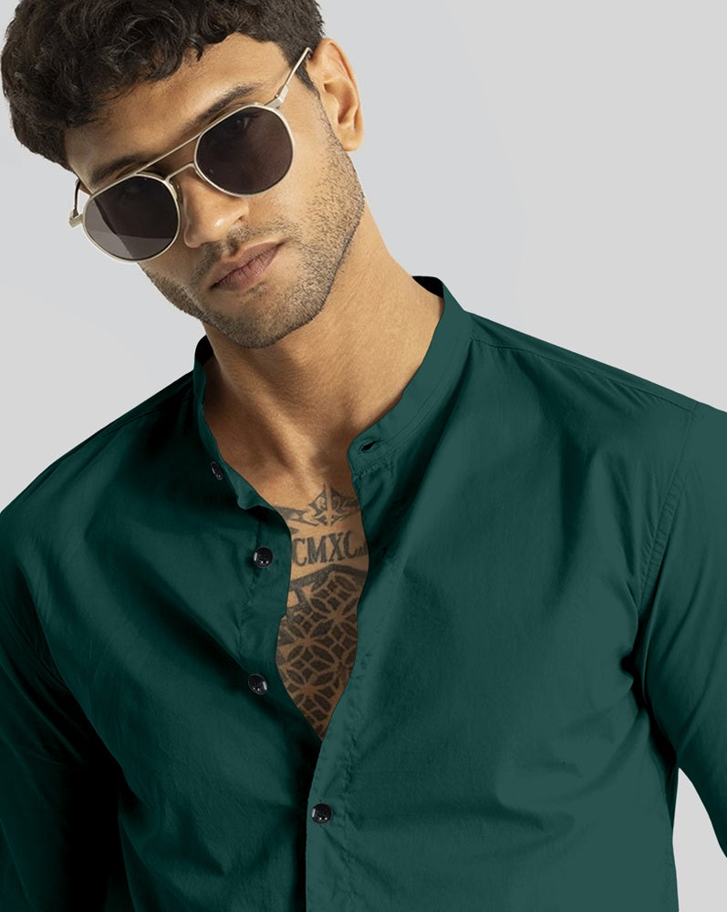 Green Giza Satin Cotton Full Sleeve and Chinese Collar Shirt For Men