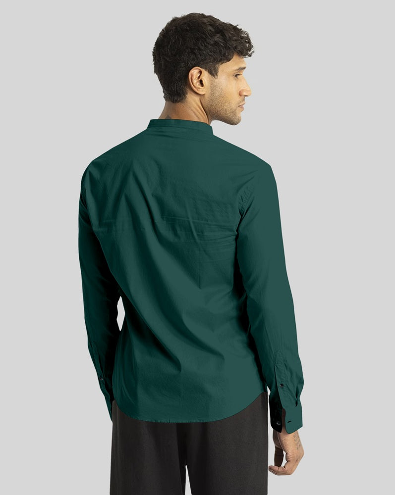 Green Giza Satin Cotton Full Sleeve and Chinese Collar Shirt For Men