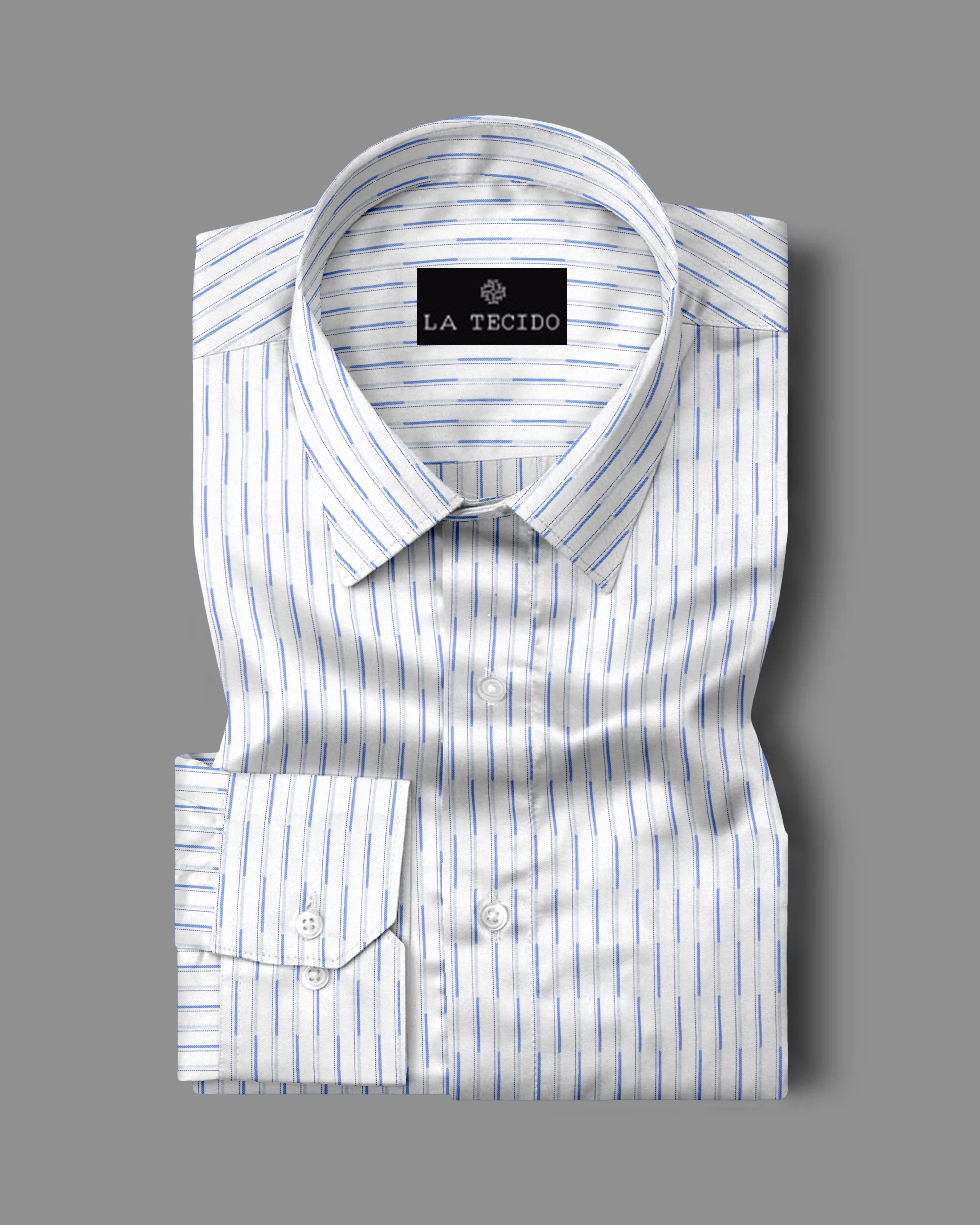 White with Blue Striped Cotton Full Sleeve Shirt For Men