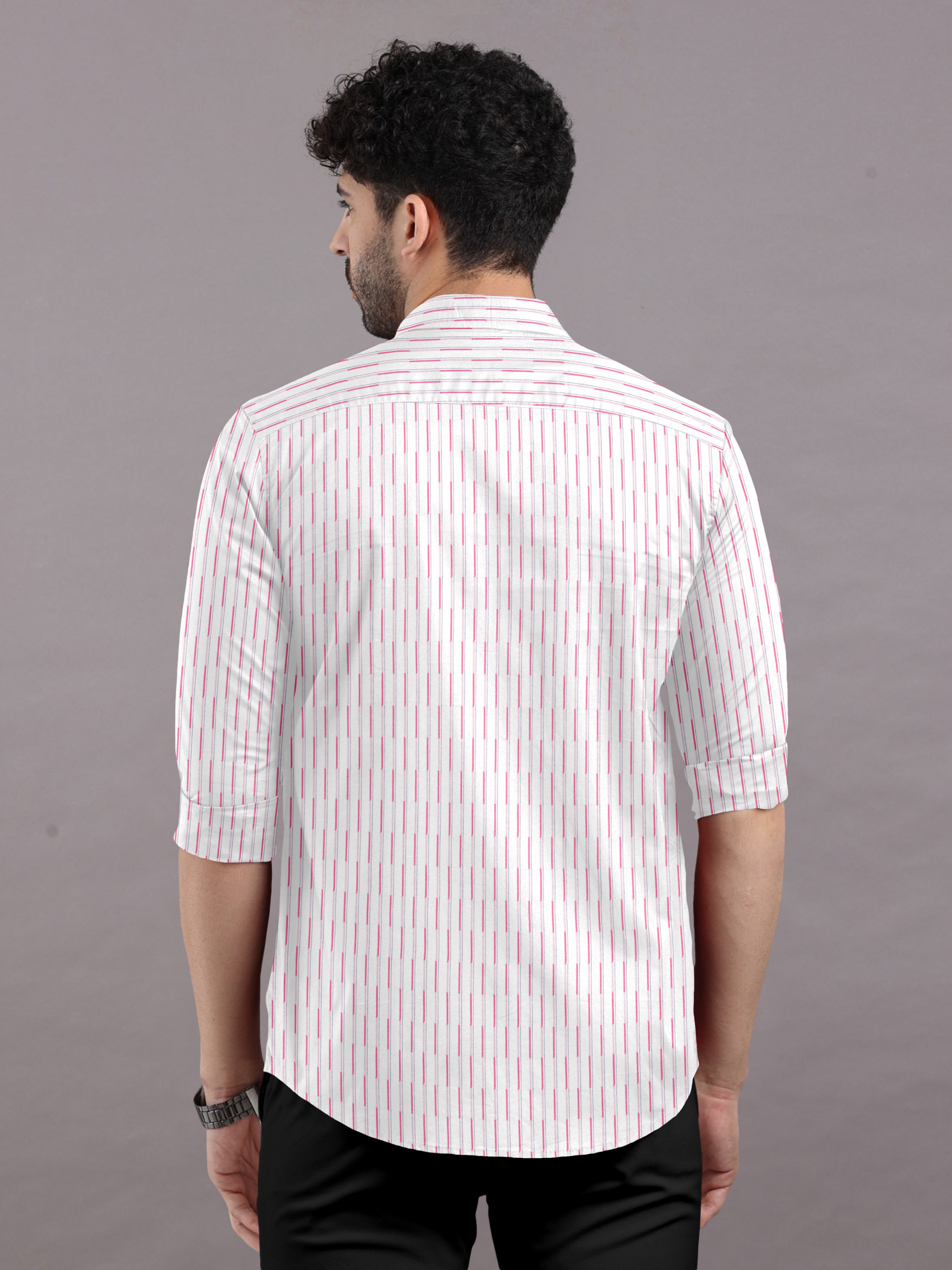 White with Red Striped Cotton Full Sleeve Shirt For Men