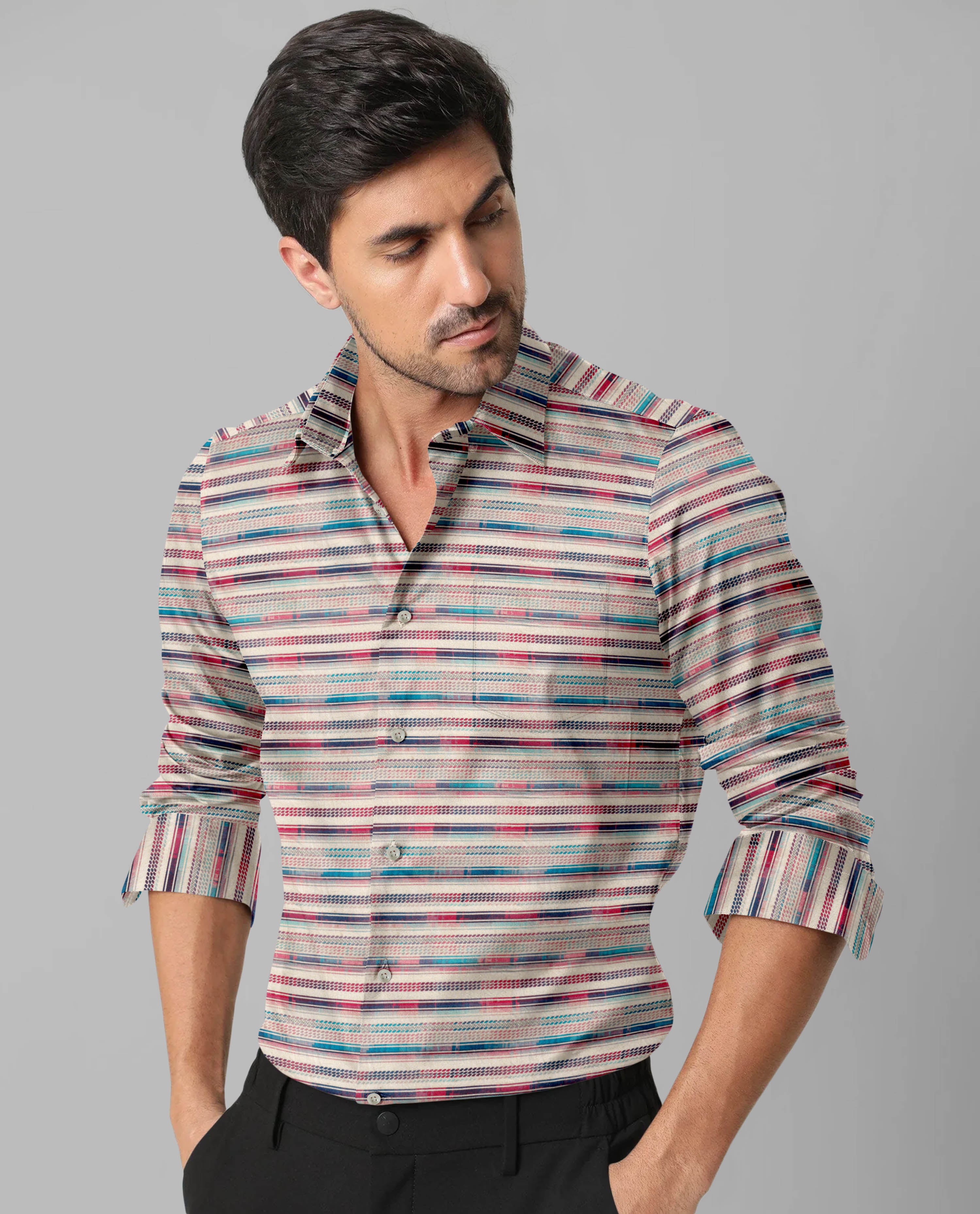 Blue & Red Lined Print Men's Long Sleeve Casual Shirt with Chest Pocket