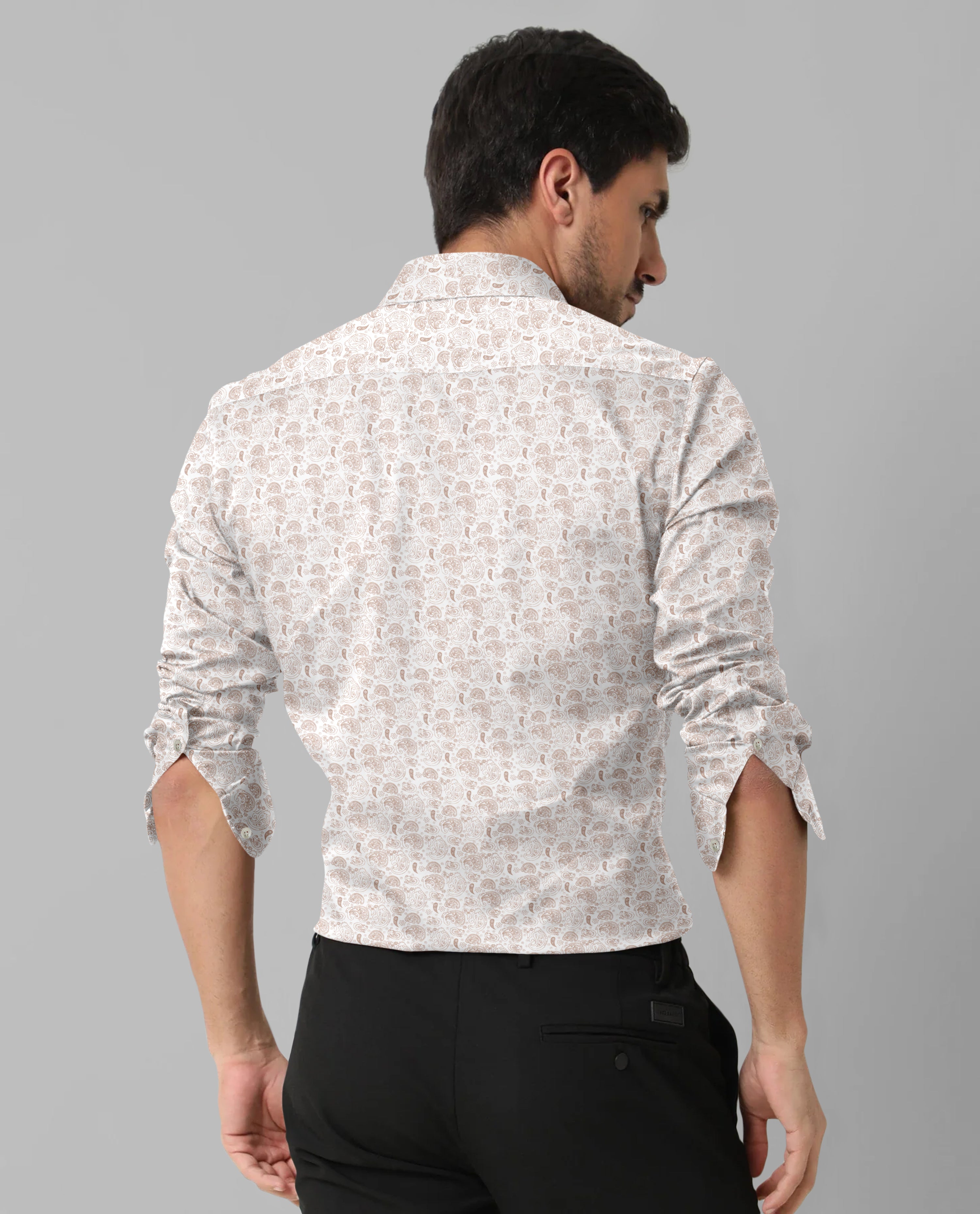 Cream Floral Printed Casual Full Sleeve Shirt For Men With Pocket