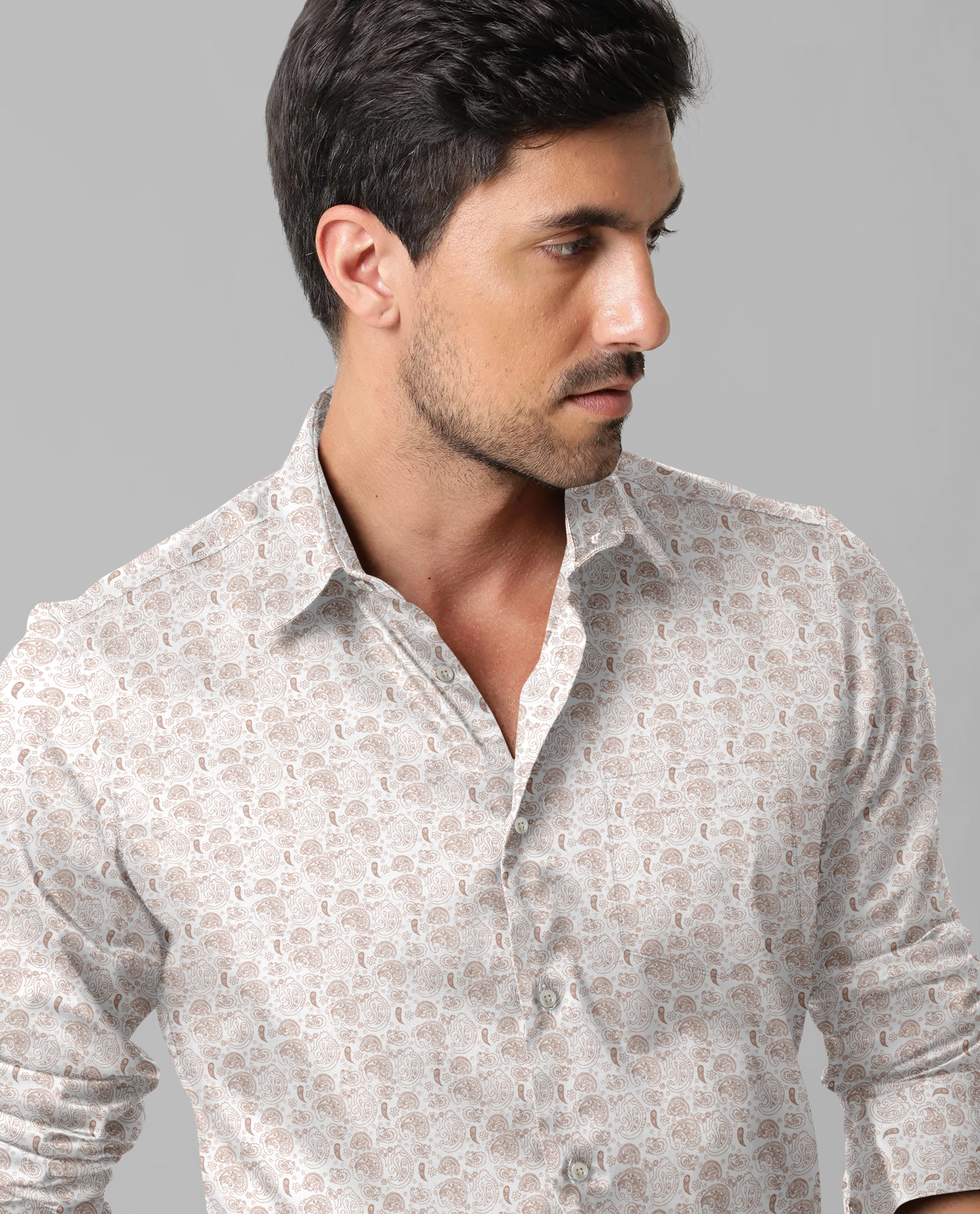 Cream Floral Printed Casual Full Sleeve Shirt For Men With Pocket