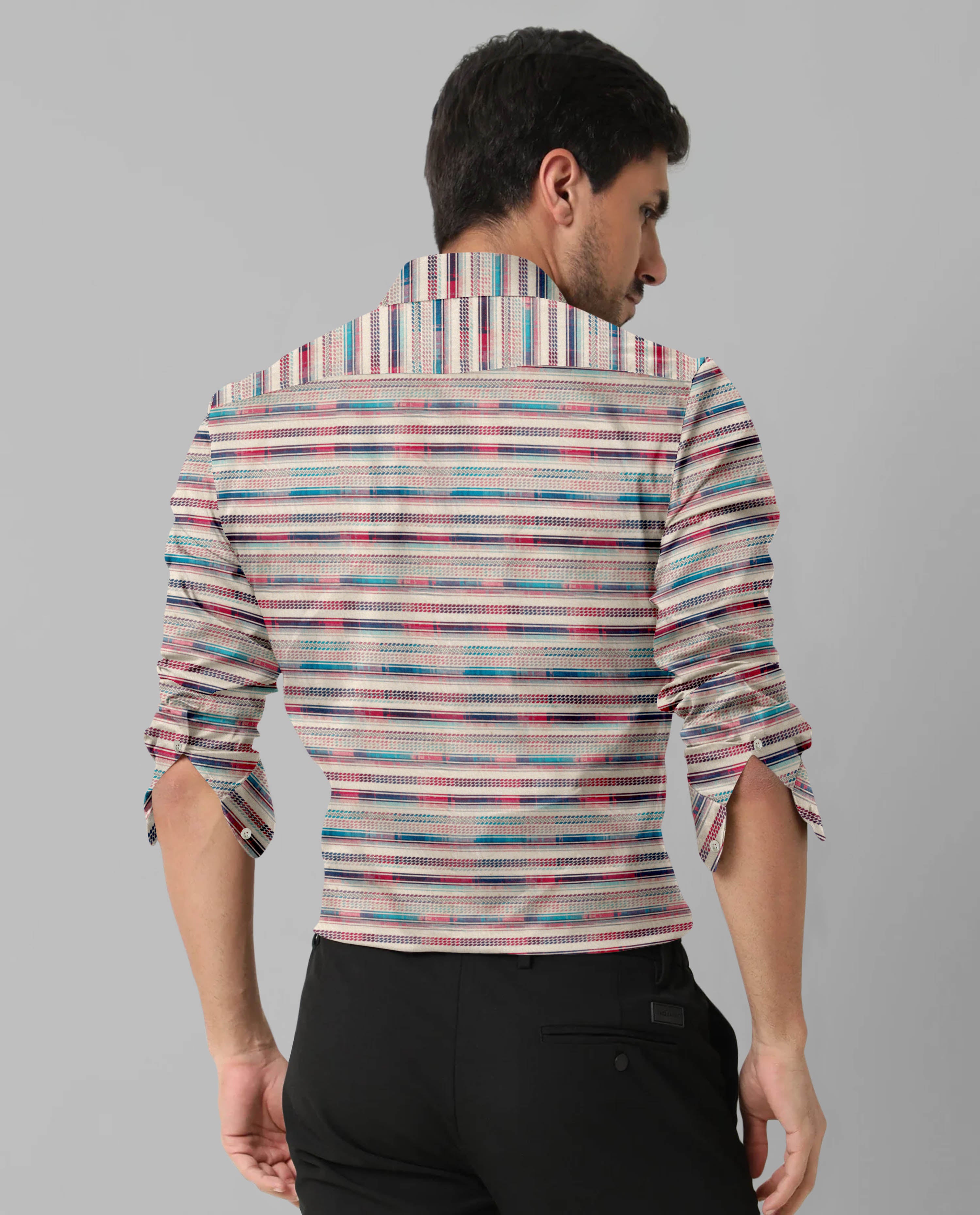 Blue & Red Lined Print Men's Long Sleeve Casual Shirt with Chest Pocket