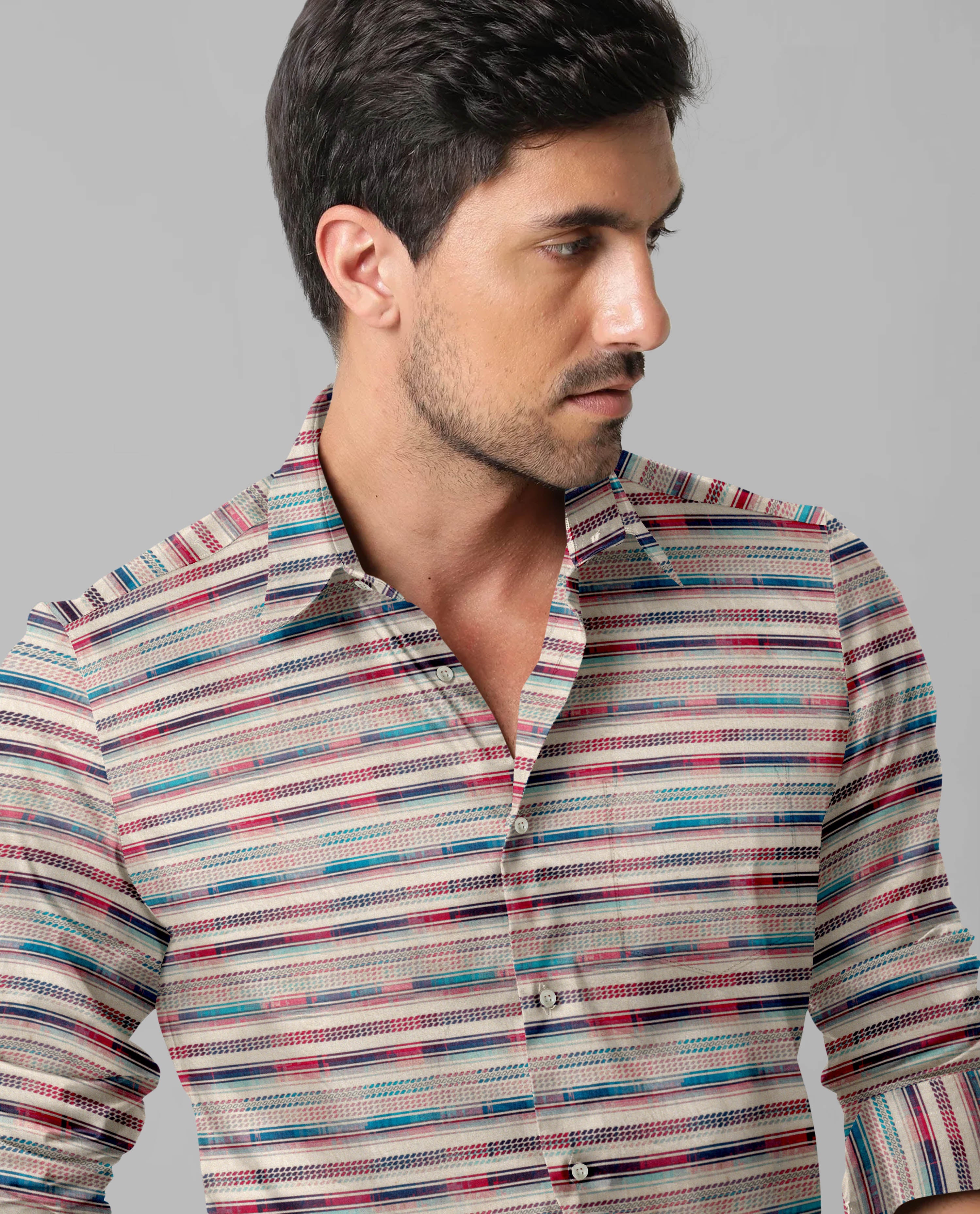 Blue & Red Lined Print Men's Long Sleeve Casual Shirt with Chest Pocket