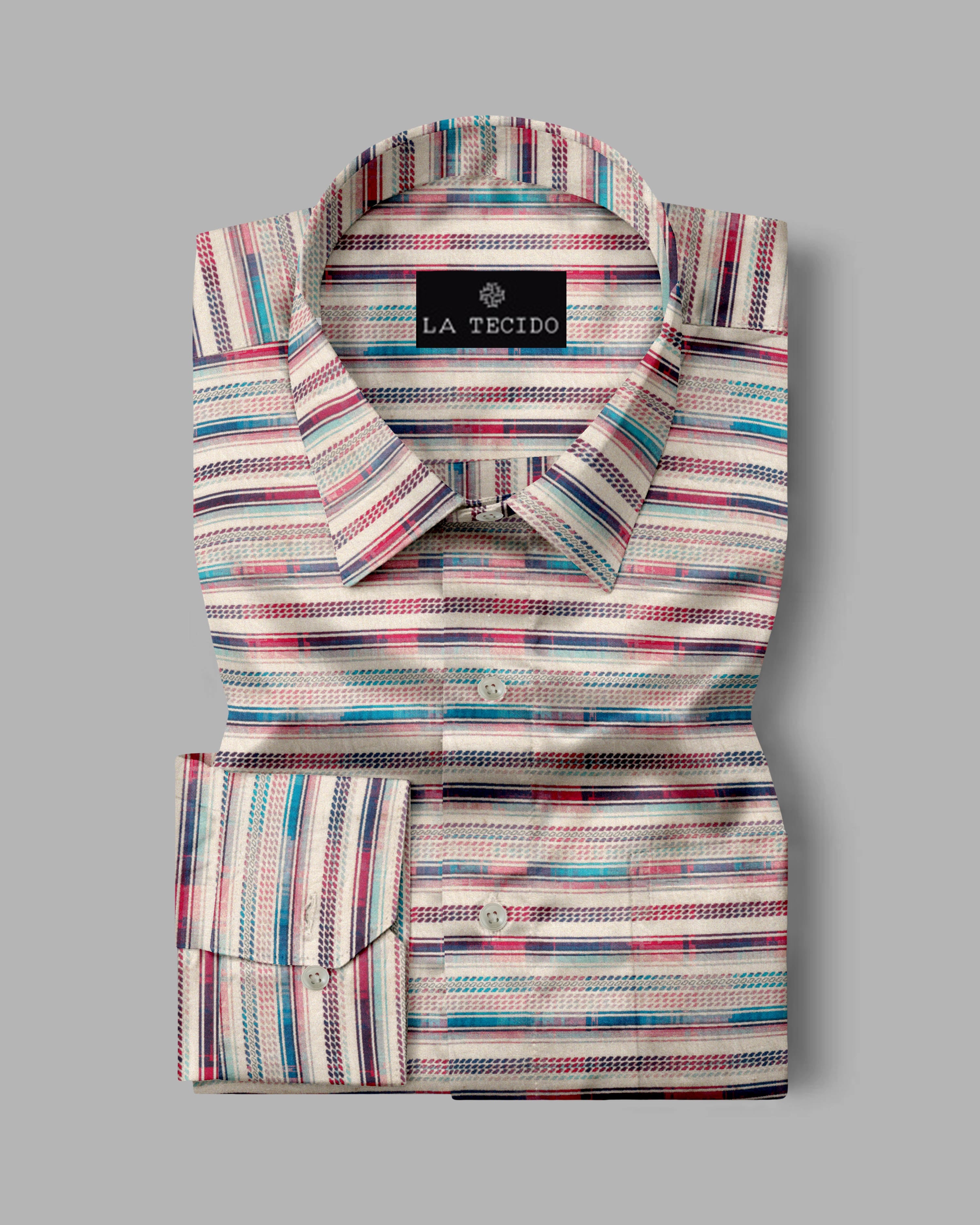 Blue & Red Lined Print Men's Long Sleeve Casual Shirt with Chest Pocket