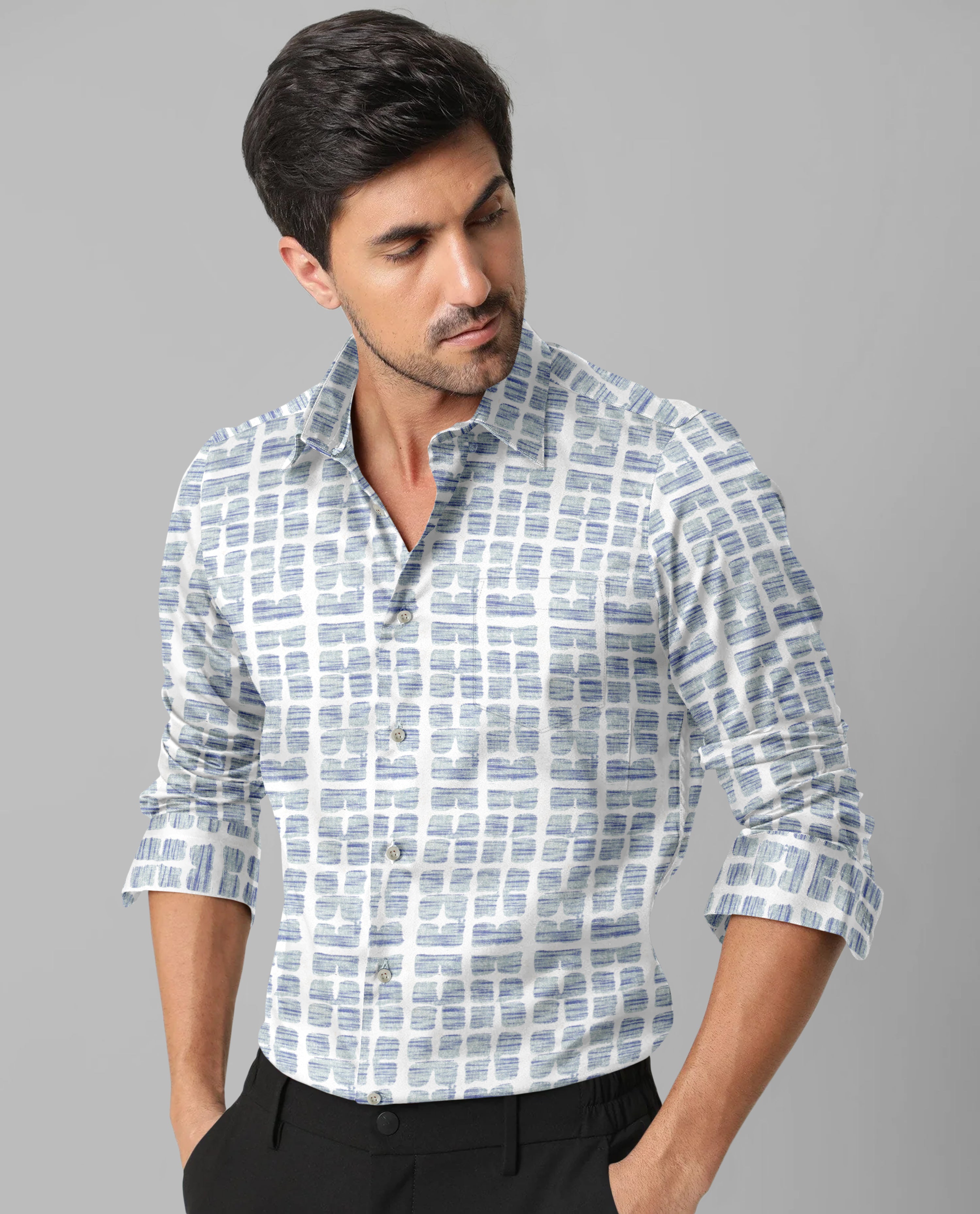 Casual Blue & White Small Check Print Men's Long Sleeve Shirt - Front Pocket