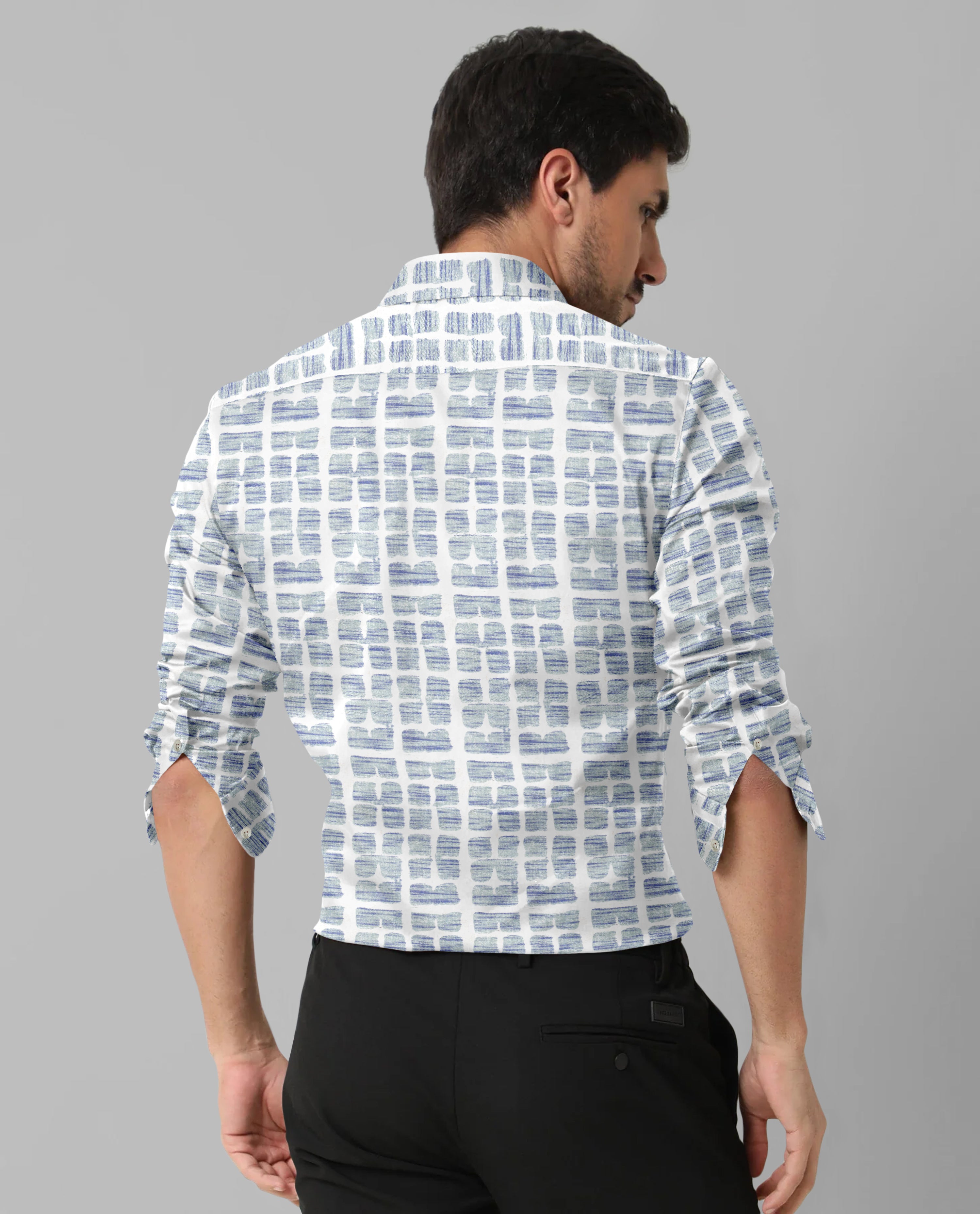 Casual Blue & White Small Check Print Men's Long Sleeve Shirt - Front Pocket