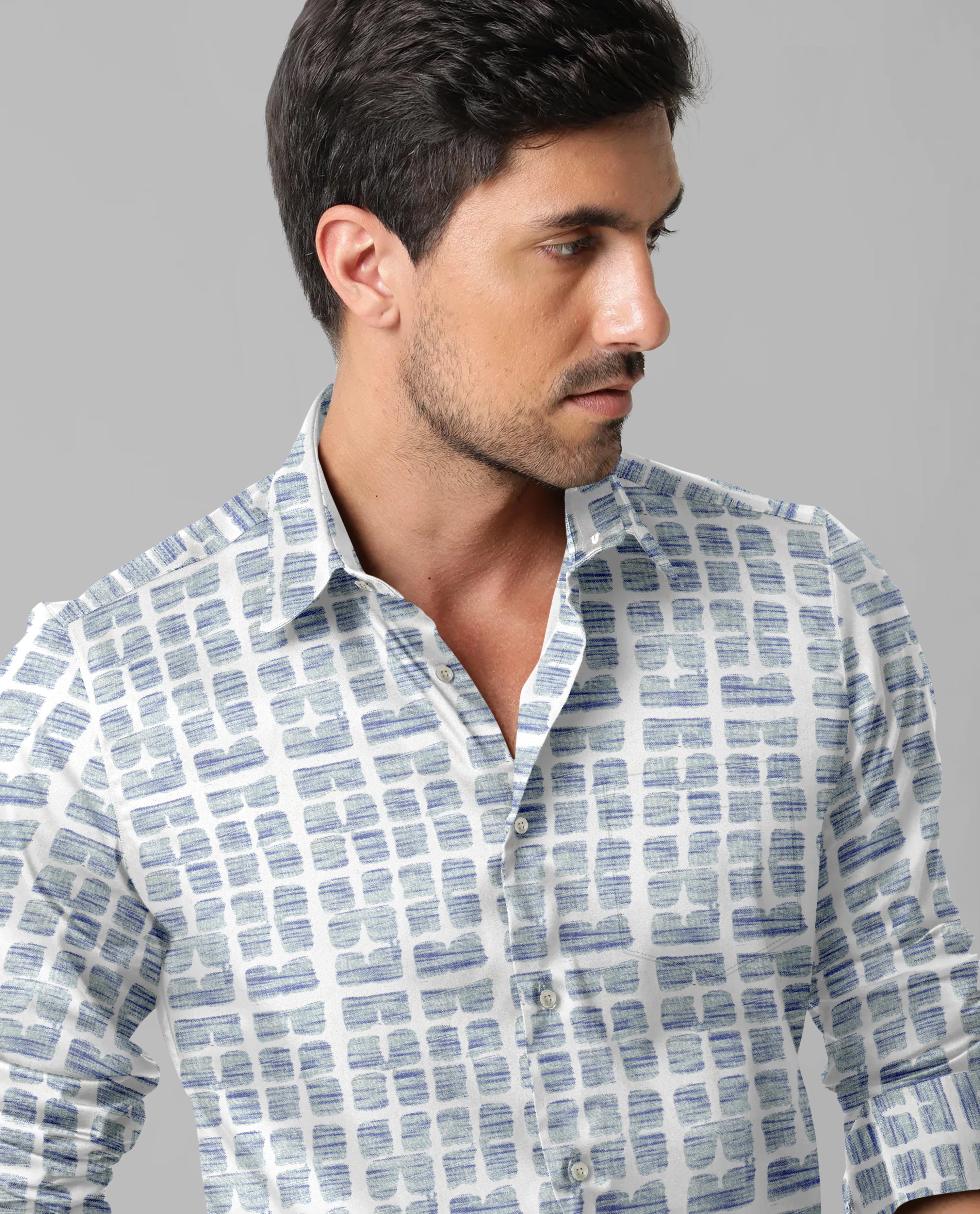Casual Blue & White Small Check Print Men's Long Sleeve Shirt - Front Pocket